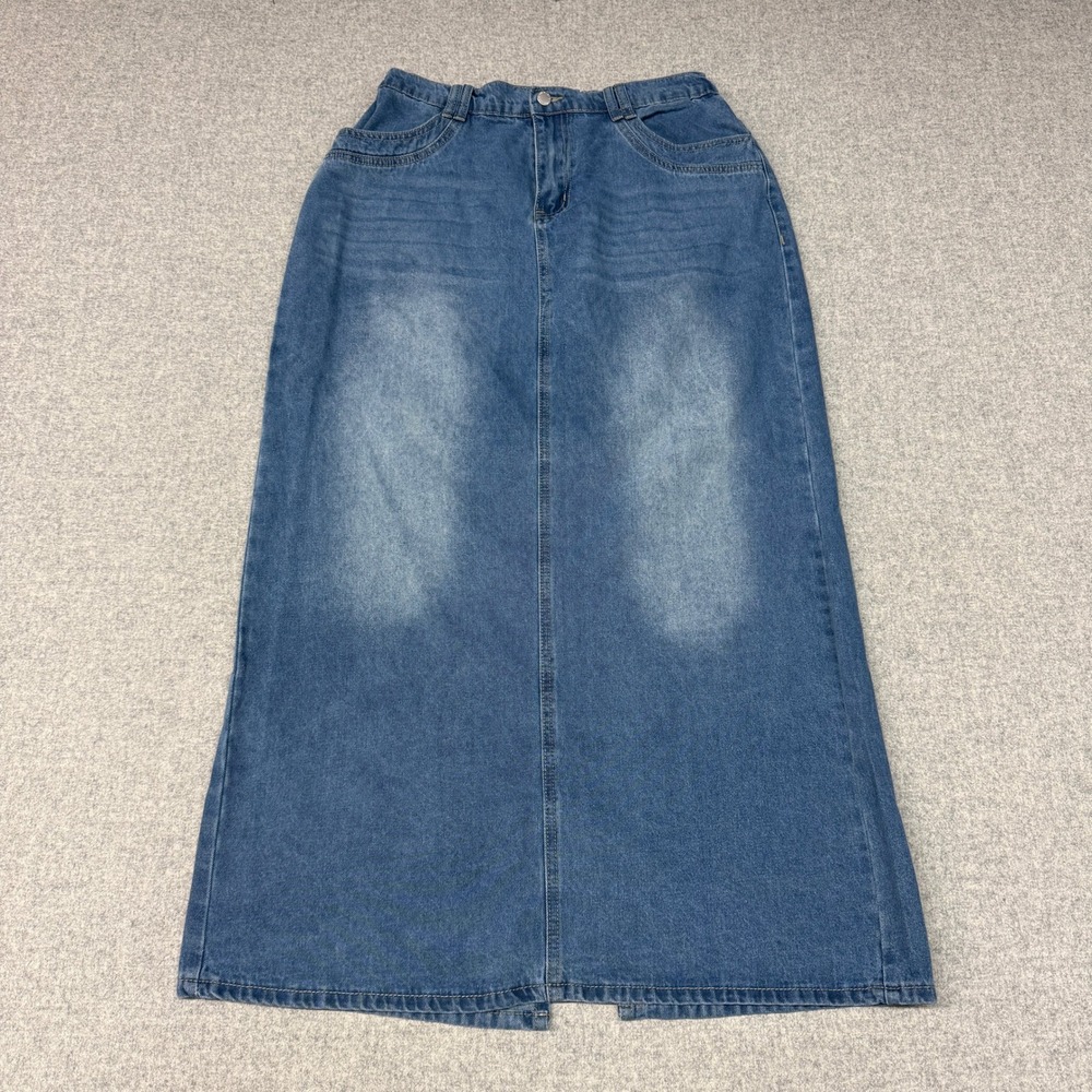 SHEIN Curve Denim Maxi Skirt 0XL Blue Elastic Back Waist Long Slit Casual 1614